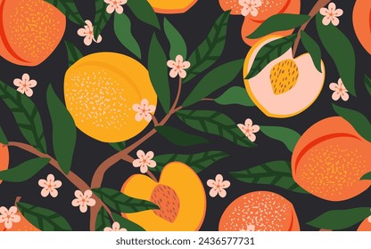 Fruits and flowers of peaches and apricots with leaves on a branch form a seamless pattern. Summer tropical fruity vibe for fabrics, textiles and wrapping paper. Vector.