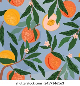 Fruits and flowers of peaches with leaves on a branch form a seamless pattern on a blue background for fabrics, textiles and wrapping paper. Vector.