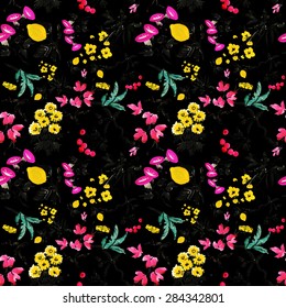 Fruits and flowers watercolor seamless pattern on black background. Japanese vector illustration.