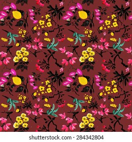 Fruits and flowers watercolor seamless pattern on vinous background. Japanese vector illustration.