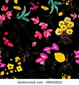 Fruits and flowers watercolor seamless pattern on black background. Japanese vector illustration.