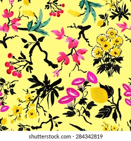 Fruits and flowers watercolor seamless pattern on yellow background. Japanese vector illustration.