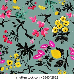 Fruits and flowers watercolor seamless pattern on green background. Japanese vector illustration.