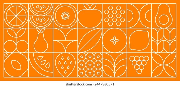 Fruits food abstract modern line geometric pattern. Vector outline signs of cherry, pear or peach, strawberry, grapes, lemon and avocado with blueberries and watermelon slices on orange background