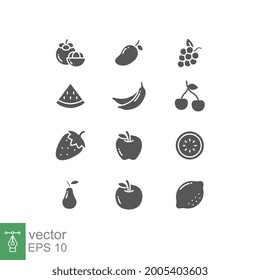 Fruits food, Tropical organic fruit, Juicy, fresh organic in line silhouette include banana, grape, mangosteen, etc, Fruity icons set, solid style Vector illustration. Design on white background EPS10