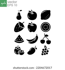 Fruits Food, Tropical Organic Fruit, Juicy, Fresh Organic In Line Silhouette Include Banana, Grape, Mangosteen, Etc, Fruity Icons Set, Solid Style Vector Illustration. Design On White Background EPS10