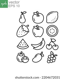 Fruits Food, Tropical Organic Fruit, Juicy, Fresh Organic Line. Lemon, Orange, Watermelon, Strawberry, Etc. Fruity Icons Set, Line Style Vector Illustration Design On White Background EPS 10.