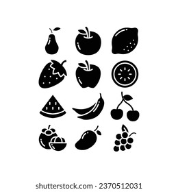 Obstnahrung, tropische Bio-Früchte, Juicy, frische Bio-Bio-in-Linie Silhouette umfasst Banane, Traube, Mangostanfrüchte, etc., Fruity-Symbole Set, feste Stil Vektor-Illustration. Design auf weißem Hintergrund EPS10