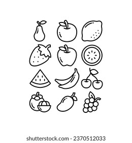 Fruits food, Tropical organic fruit, Juicy, fresh organic line silhouette. Lemon, orange, watermelon, strawberry, etc. Fruity icons set, line style Vector illustration. Design