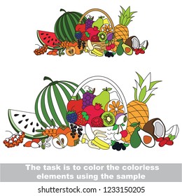 Fruits fragments to be colored, the coloring book for preschool kids with easy educational gaming level.