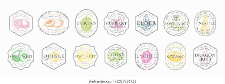 Fruits Frame Badges Logo Templates Collection. Hand Drawn Fruits and Berries Sketch with Retro Typography in a Vintage Frames. Vegan Food Concept Emblems Set. Isolated