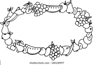 Fruits frame. Black and white hand drawn illustration.