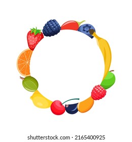Fruits frame in a circle for text. Fruits wreath for card. Background template. banana, apple, orange, berries, strawberry, cherry, lemon, 