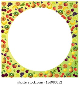 Fruits frame made with different fruits, healthy food theme composition, vector illustration.
