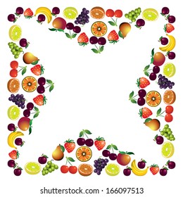 Fruits frame made with different fruits, healthy food theme composition, vector illustration.