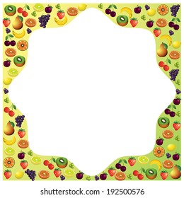 Fruits frame made with different fruits, healthy food theme composition, vector illustration.