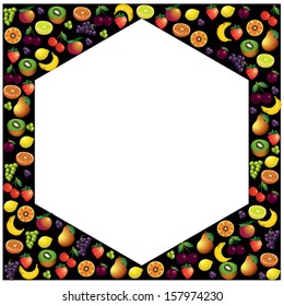 Fruits frame made with different fruits over dark background, healthy food theme composition, vector illustration.
