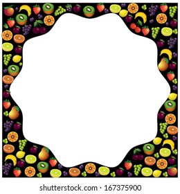 Fruits frame made with different fruits over dark background, healthy food theme composition, vector illustration.