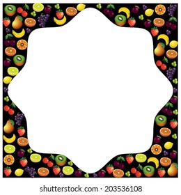 Fruits frame made with different fruits over dark background, healthy food theme composition, vector illustration.