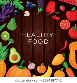 fruits frame over wooden background. vector illustration