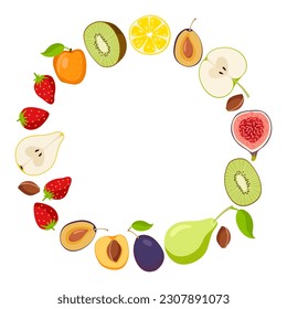 Fruits frame. Round fruit border with copy space isolated on white background. Summer design For poster, banner, cover, invitation, packaging design, branding. Summer Fresh healthy fruits and berries