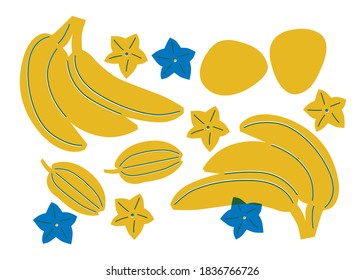 Fruits fresh abstract flat vector. Mango, banana, starfruit summer exotic tropical fruits clip art. Illustration for your flyer design. Cartoon fruits print. Scandinavian design.