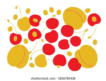 Frutas de vector plano abstracto fresco. Forma de verano impresión de frutas tropicales exóticas. Ilustración para el diseño de su volante. С herry, albaricoques iluminenso
