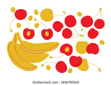 Fruits fresh abstract flat vector. Cherries, banana summer exotic tropical fruits clip art. Illustration for your flyer design. Cartoon fruits print. Scandinavian design.