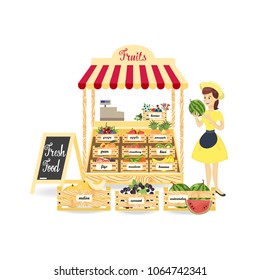 Fruits fresh market with sales woman on white.