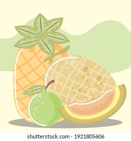 fruits fresh pineapple melon and lemon nutrition vector illustration