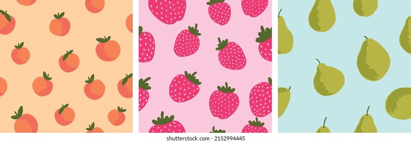 Fruits Fresh Summer Seamless Pattern Strawberry, Orange, Pears, Cute Hand-Drawn Illustration Vector Set