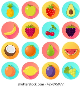 Fruits Fruit Set Flat Design Isolated On Circles With Shadow