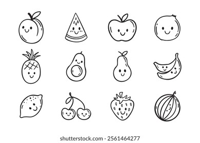 Fruits funny characters with a smile doodle hand drawn icon set. Different variable fruits happy smiling drawing clipart outline element. Vector illustration