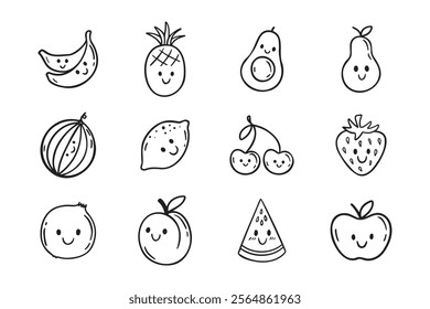 Fruits funny characters with a smile doodle hand drawn icon set. Different variable fruits happy smiling drawing clipart outline element. Vector illustration