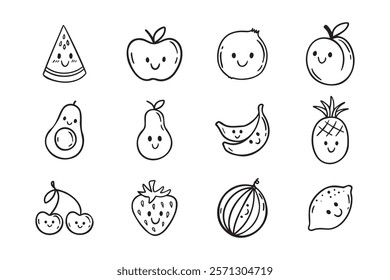 Fruits funny characters with a smile doodle hand drawn icon set. Different variable fruits happy smiling drawing clipart outline element. Vector illustration