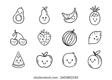 Fruits funny characters with a smile doodle hand drawn icon set. Different variable fruits happy smiling drawing clipart outline element. Vector illustration