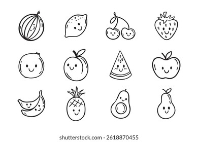 Frutas personagens engraçados com um sorriso rabiscar mão desenhado ícone conjunto. Diferentes frutas variáveis feliz desenho sorridente clipart elemento contorno. Ilustração vetorial