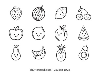 Frutas personagens engraçados com um sorriso rabiscar mão desenhado ícone conjunto. Diferentes frutas variáveis feliz desenho sorridente clipart elemento contorno. Ilustração vetorial