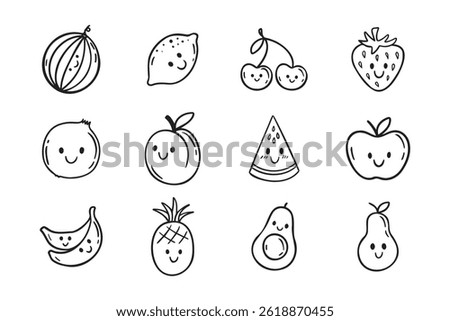 Fruits funny characters with a smile doodle hand drawn icon set. Different variable fruits happy smiling drawing clipart outline element. Vector illustration