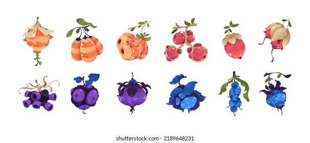 Fruits game asset. Fantasy GUI sprite graphic for video game, magic bizarre berries for slot machine. Vector cartoon colorful fantastic plants, icons set of fantasy food sweet illustration