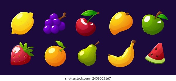 Juego de iconos de juego de frutas. Bandas de máquinas de juegos de azar. Dibujo gráfico aislado de ilustración vectorial ui elementos.