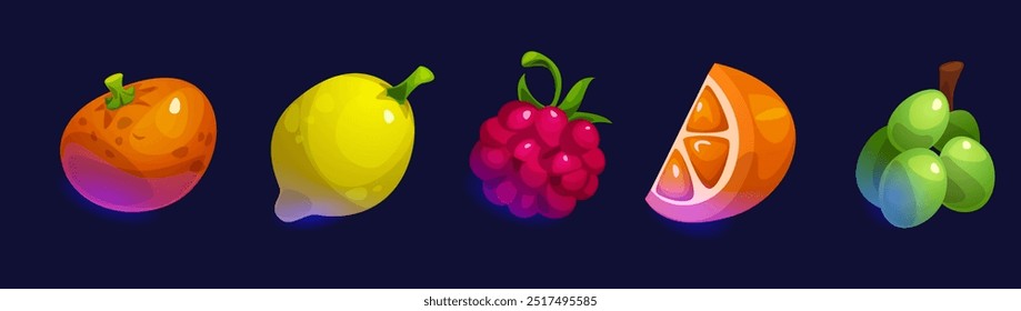 Elementos de design de slot de cassino ou interface de usuário de jogos de frutas. Vetor de desenhos animados ilustração conjunto de símbolos de máquina de jogo ou bônus de videogame botões de presente de laranja inteiro e fatia, limão e framboesa, cacho de uva.