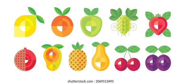 Fruits Geometric Icon Set. Lemon, Orange, Pineapple, Mango, Grape, Pomegranate, Strawberry, Cherry, Plum, Apple Vector Simbols, Sign, Objects Collection Isolated On White