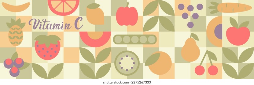 Fruits - geometric shapes, abstract minimalistic organic food banner with brutalistic shapes and simple circles and squares. Vitamin C - orange, lemon, watermelon. Template for textiles or packaging.