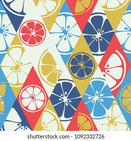 Fruits geometric vector seamless pattern on rhombus background. Hand drawn summer illustration set of citrus slices. Colorful texture for cover, textile print, fabric, swimwear cloth or decoration.