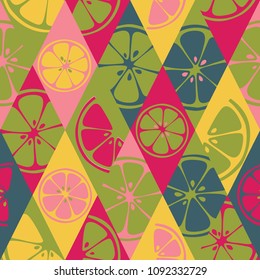 Fruits geometric vector seamless pattern on rhombus background. Hand drawn summer illustration set of citrus slices. Colorful texture for cover, textile print, fabric, swimwear cloth or decoration.