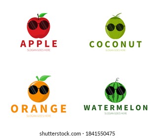 Fruits with glasses, Logo Concept. Apple, Coconut, Orange, Watermelon Vector Design Illustration. Symbol and Icon Vector Template.