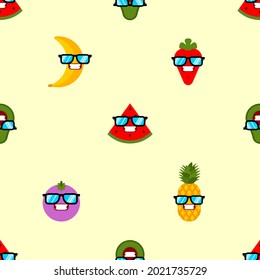 Fruits with glasses pattern seamless. Fruit cool background. Watermelon and banana. Mangosteen and strawberries. Pineapple and Avocado