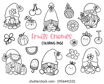 Fruits Gnomes Doodle, Summer Gnome Coloring Page.