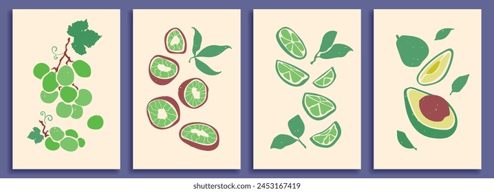 Fruits grapes, kiwi, lime, avocado hand drawn. Abstract elements, fruits and berries vegetarian set of isolated icons